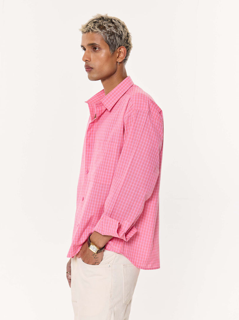 Pink Checkered Oversized Cropped Shirt
