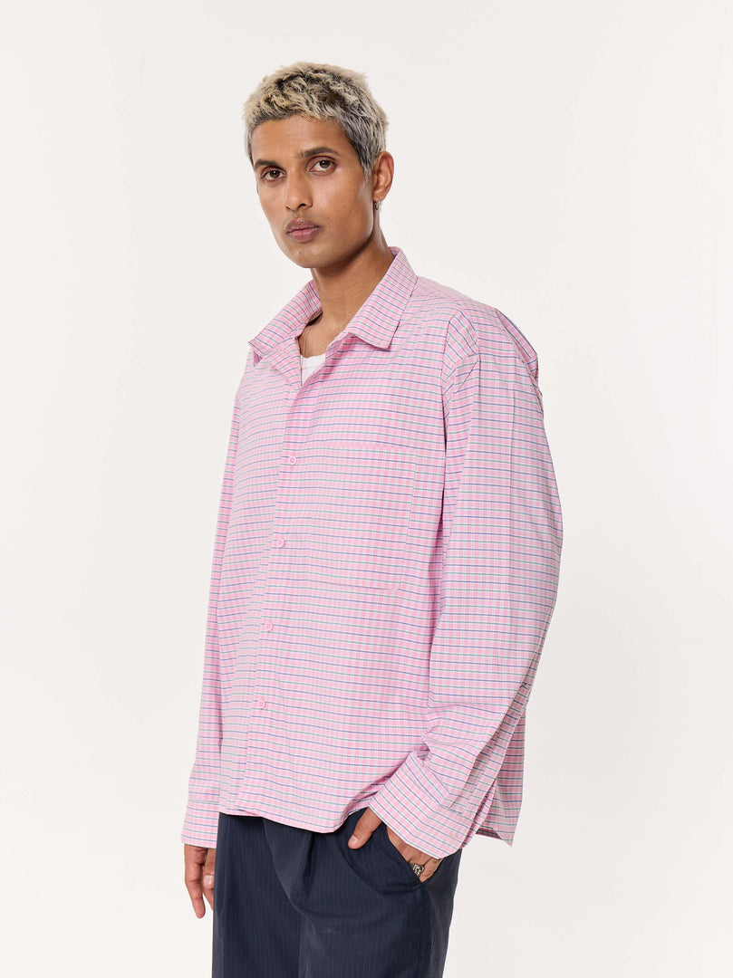 Pink Grid Checkered Oversized Cropped Shirt