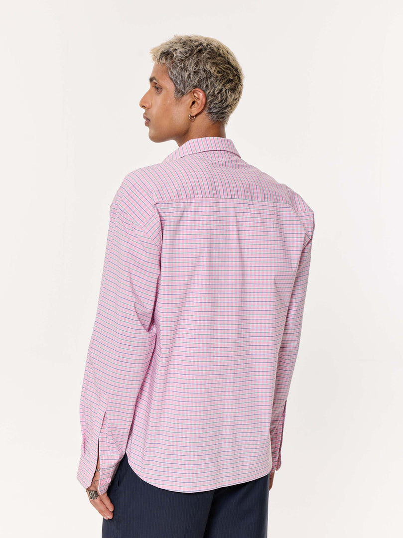 Pink Grid Checkered Oversized Cropped Shirt