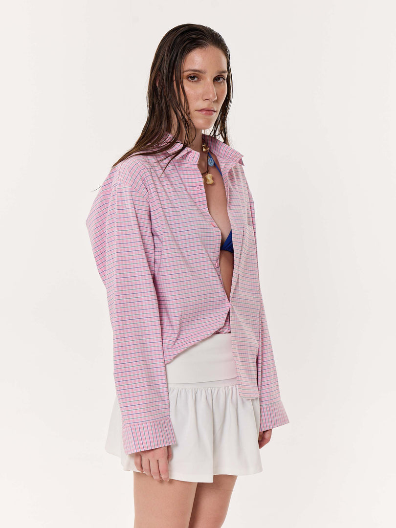 Pink Grid Checkered Oversized Cropped Shirt