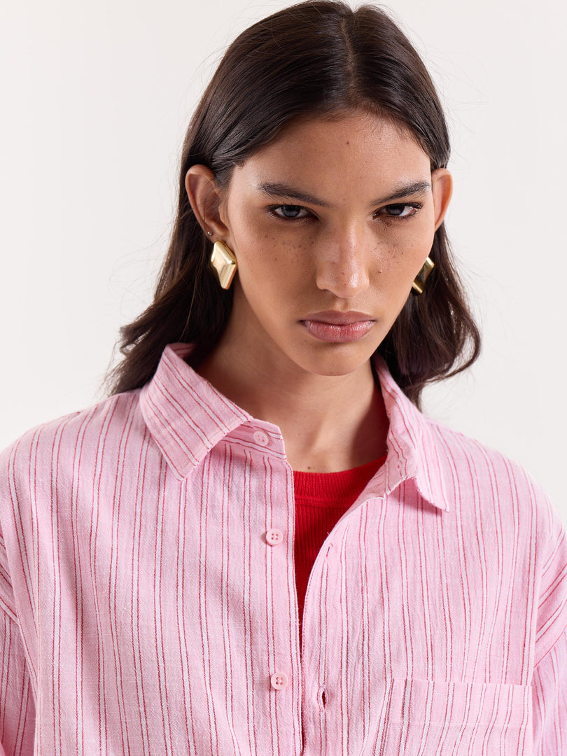 Pink/Red/White Striped Cropped Shirt