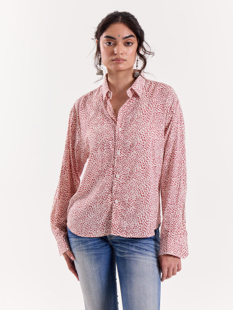 Pink Spotted Animal Printed Cropped Shirt