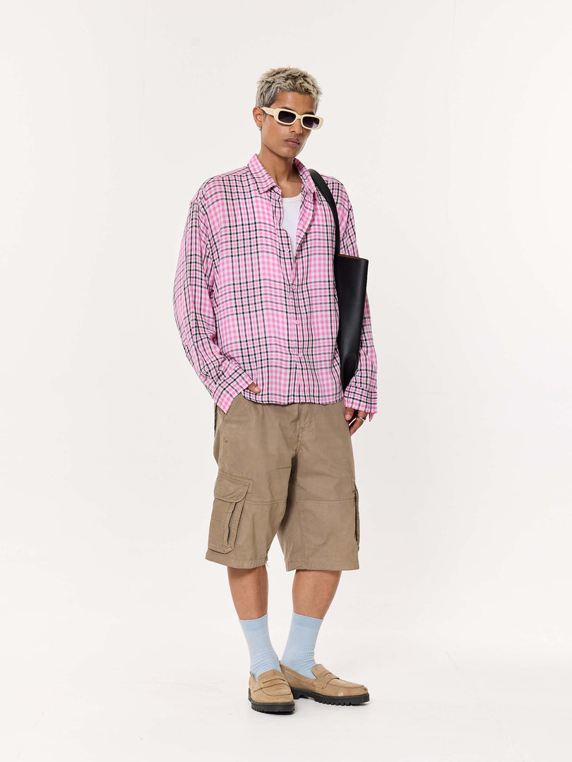 Pink & Black Tartan Oversized Cropped Shirt