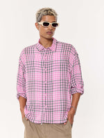 Load image into Gallery viewer, Pink &amp; Black Tartan Oversized Cropped Shirt