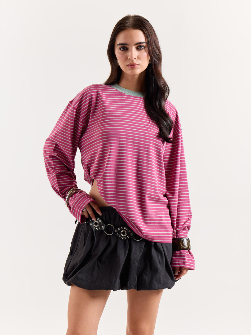 Pink & Mint Striped Loose Fit Cropped T-Shirt