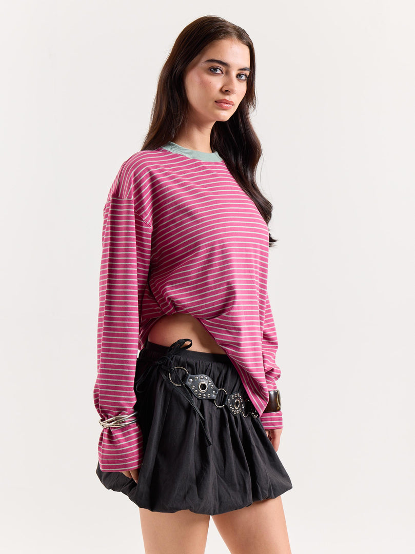 Pink & Mint Striped Loose Fit Cropped T-Shirt