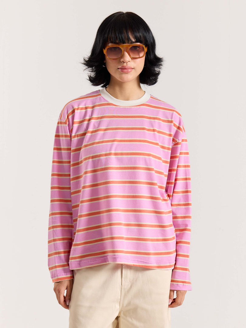 Pink & Orange Striped Loose Fit Cropped T-Shirt