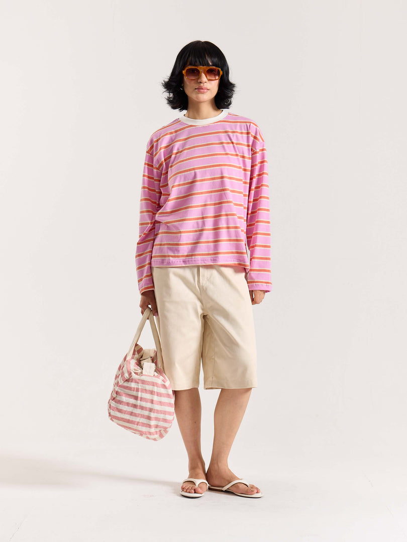 Pink & Orange Striped Loose Fit Cropped T-Shirt