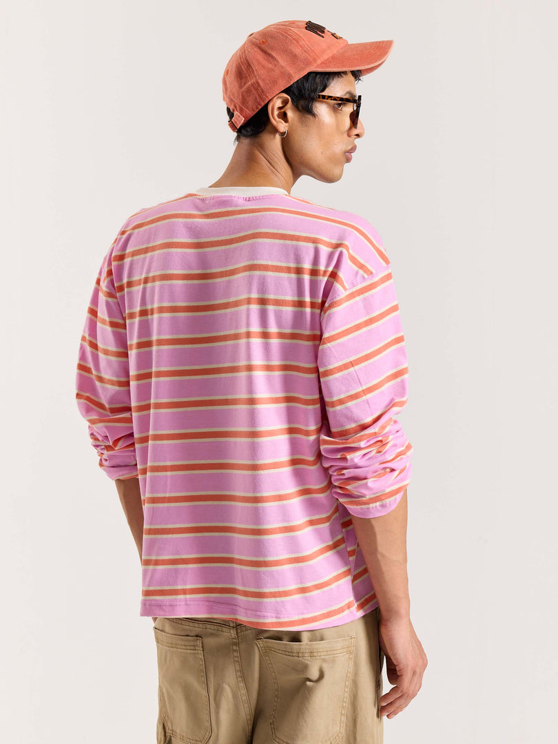Pink & Orange Striped Loose Fit Cropped T-Shirt