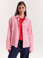 Load image into Gallery viewer, Pink &amp; Red Striped Seersucker Cropped Shirt