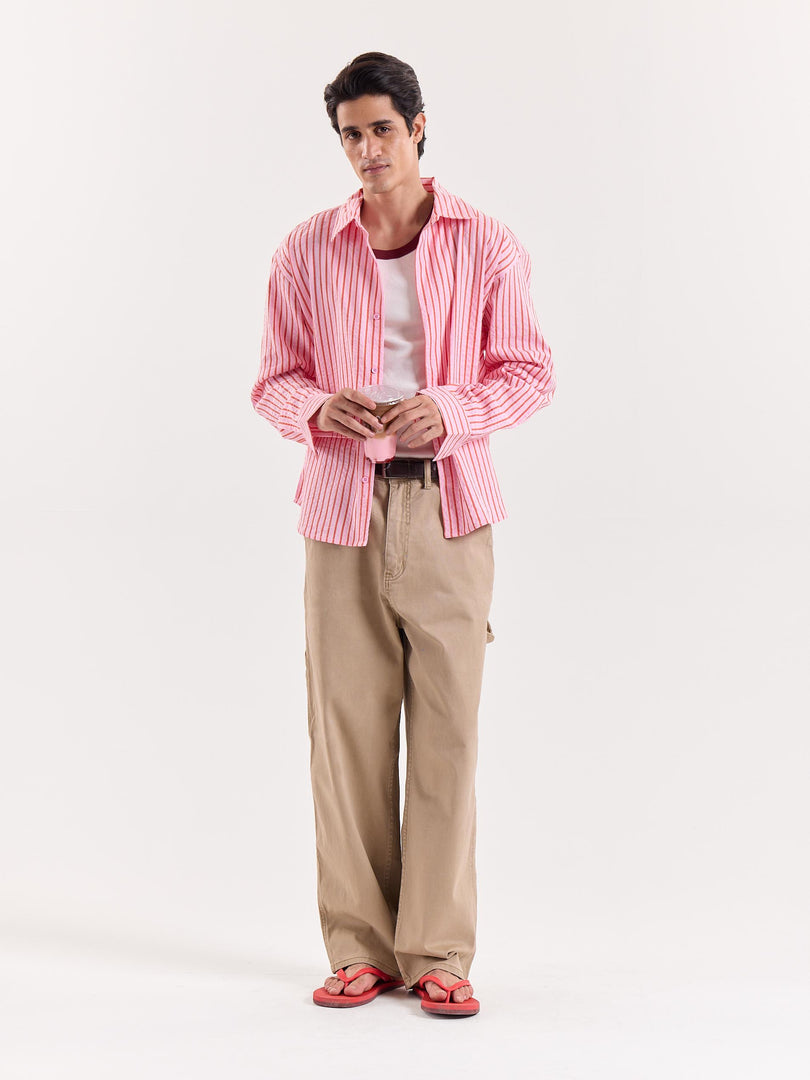 Pink & Red Striped Seersucker Cropped Shirt