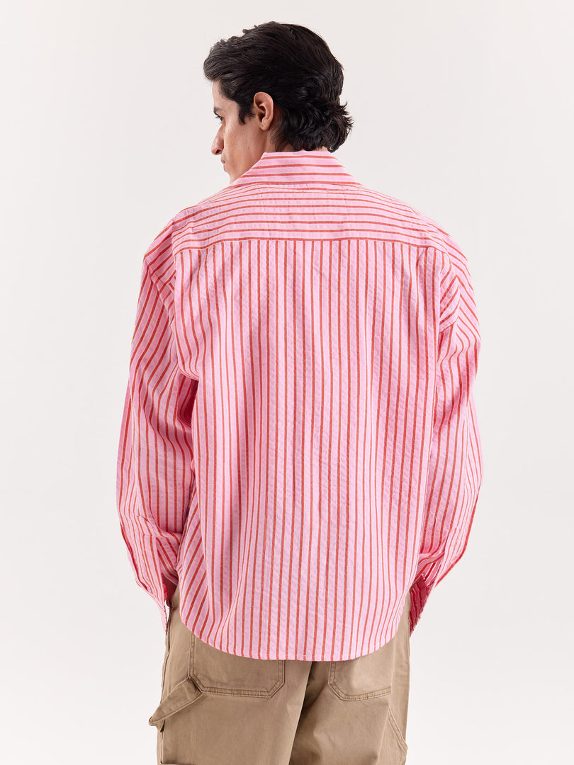 Pink & Red Striped Seersucker Cropped Shirt