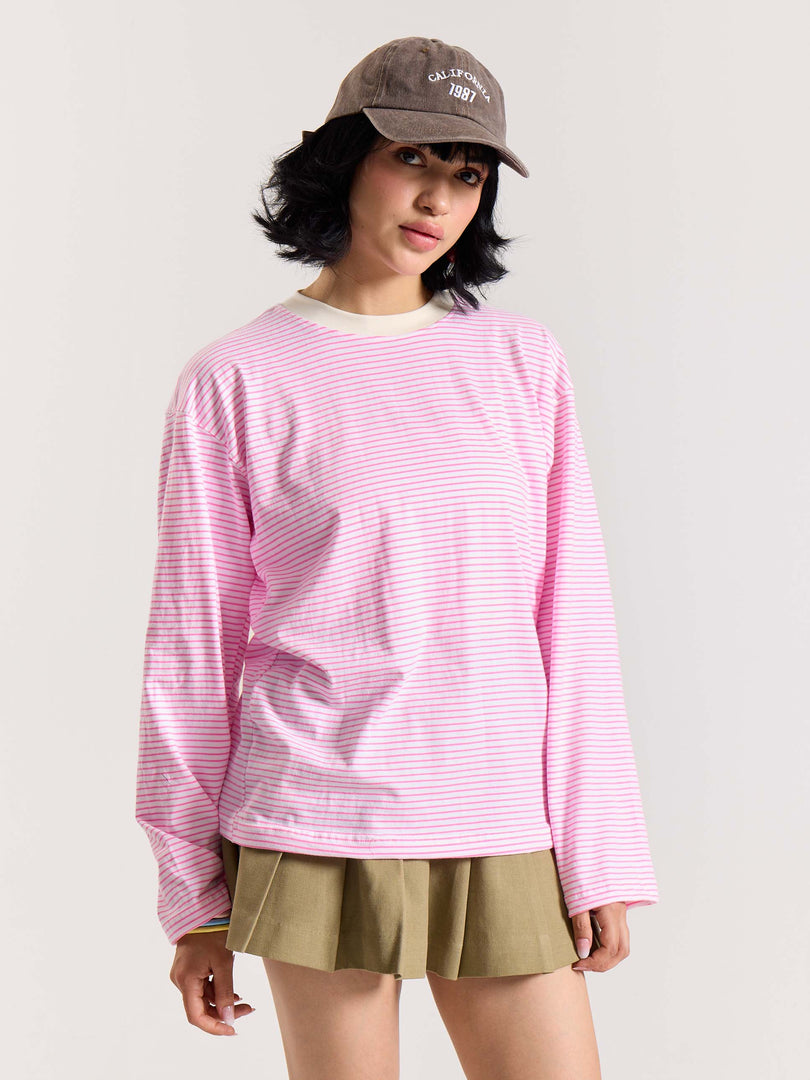 Pink & White Striped Loose Fit Cropped T-Shirt