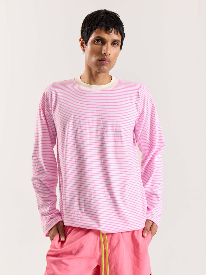Pink & White Striped Loose Fit Cropped T-Shirt