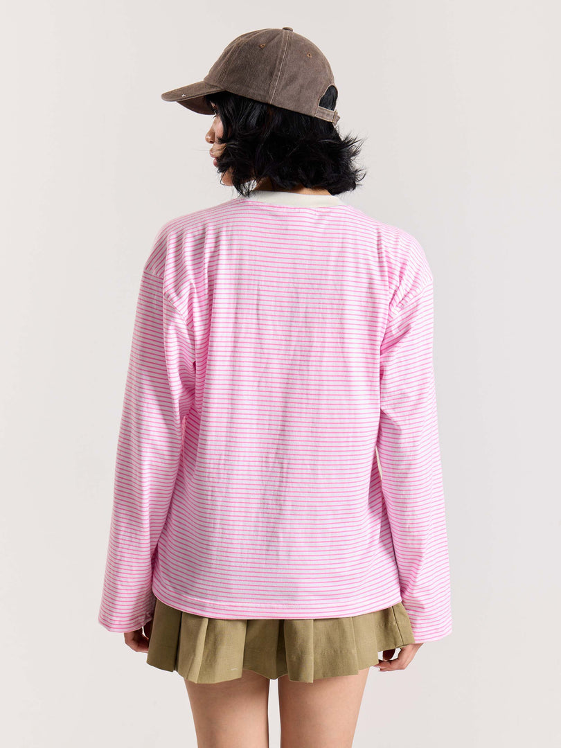 Pink & White Striped Loose Fit Cropped T-Shirt
