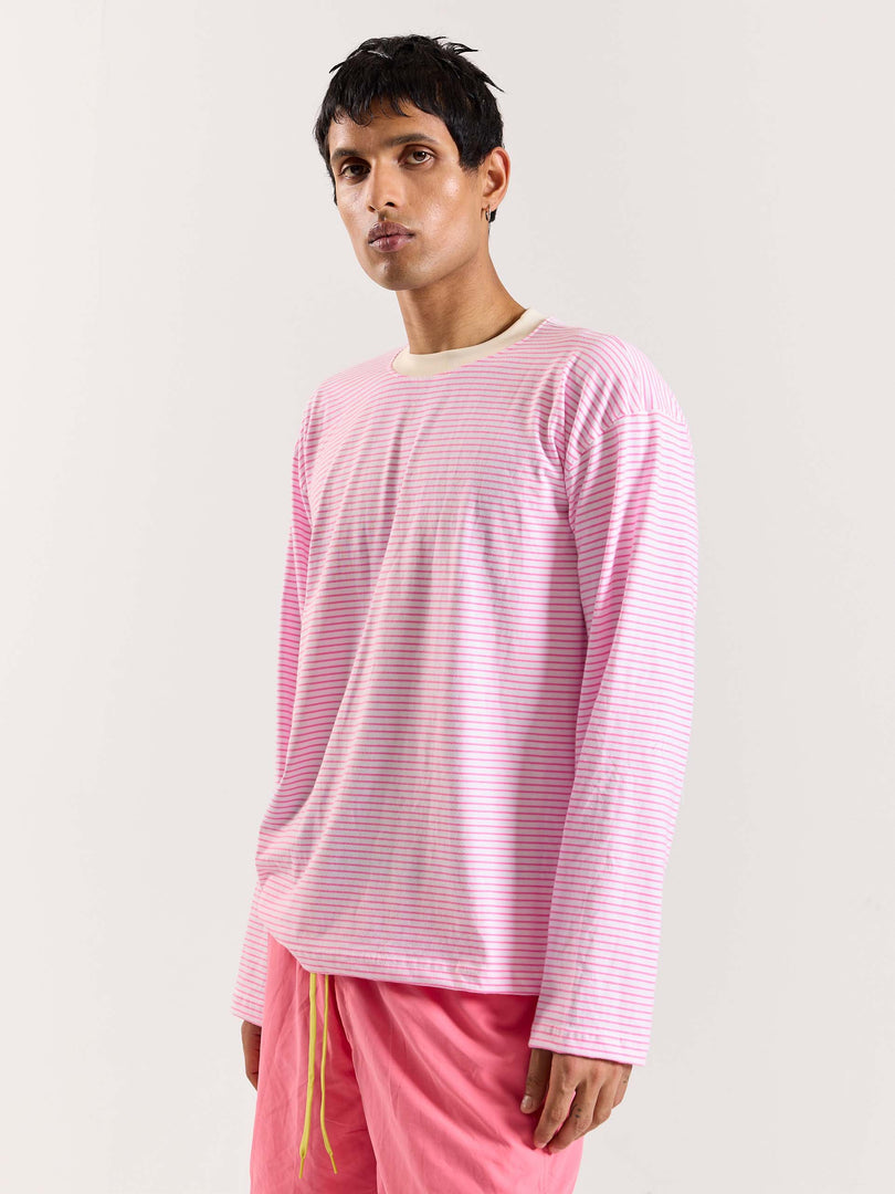 Pink & White Striped Loose Fit Cropped T-Shirt
