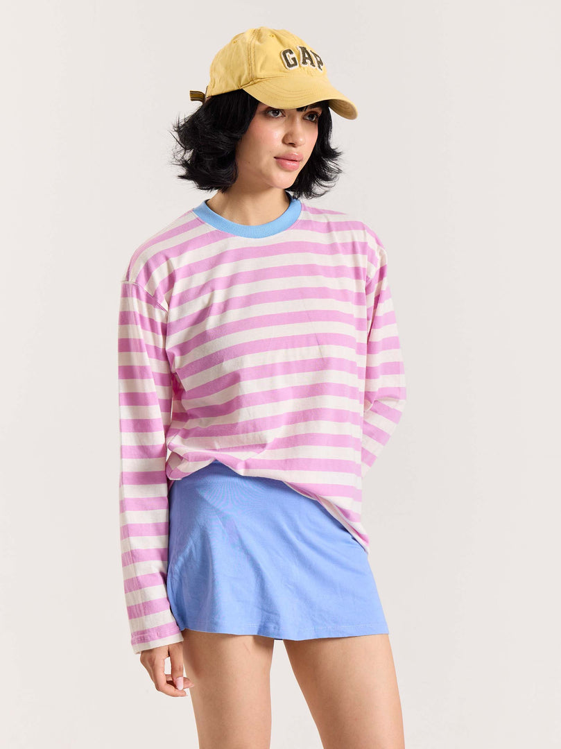 Pink & White Thick Striped Loose Fit Cropped T-Shirt