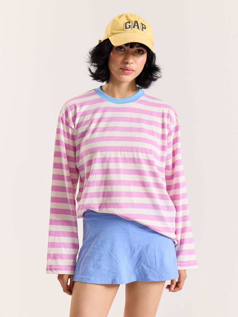 Pink & White Thick Striped Loose Fit Cropped T-Shirt