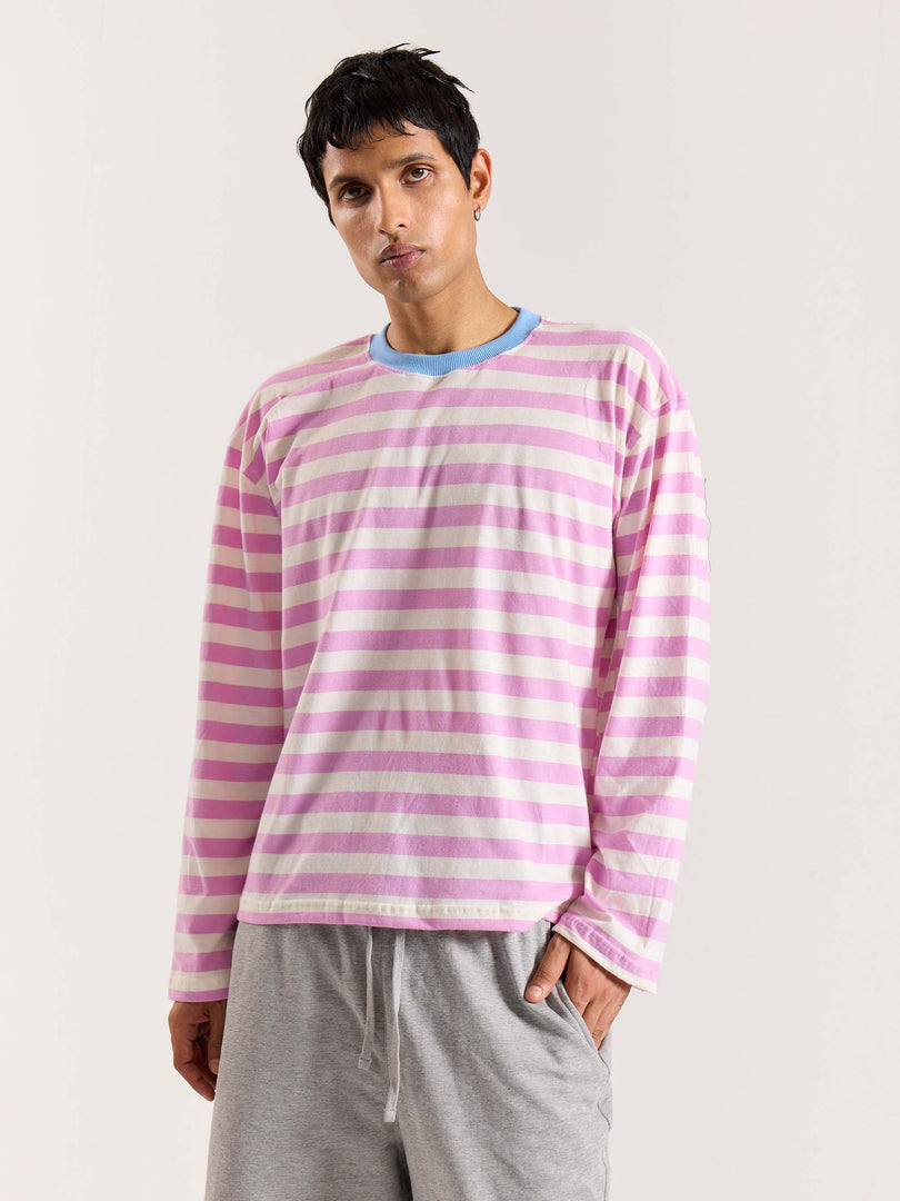 Pink & White Thick Striped Loose Fit Cropped T-Shirt