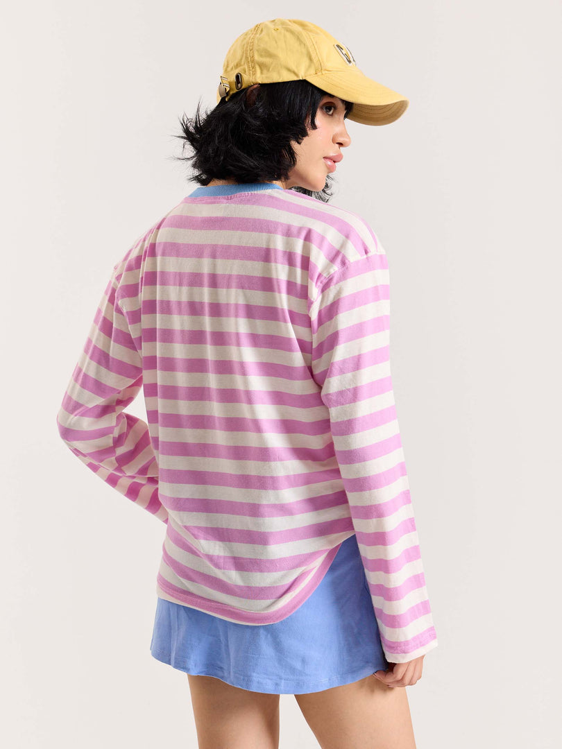 Pink & White Thick Striped Loose Fit Cropped T-Shirt