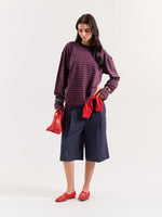 Load image into Gallery viewer, Plum &amp; Navy Chambray Striped Loose Fit Cropped T-Shirt