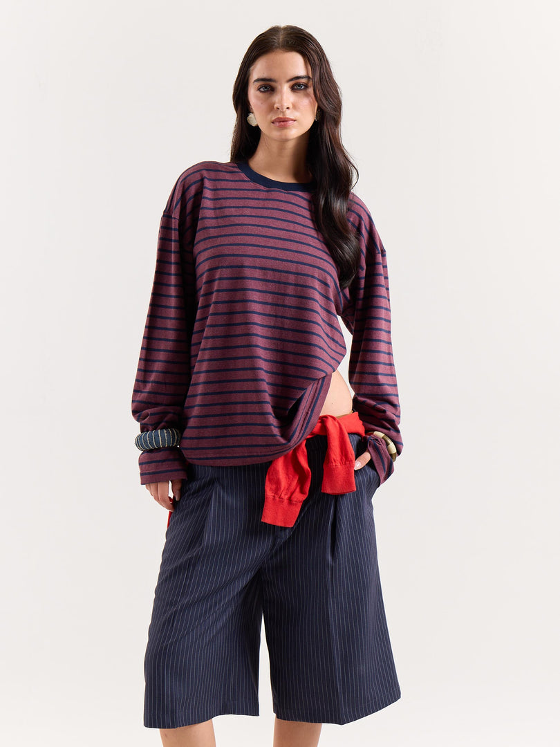 Plum & Navy Chambray Striped Loose Fit Cropped T-Shirt