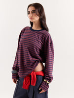 Load image into Gallery viewer, Plum &amp; Navy Chambray Striped Loose Fit Cropped T-Shirt