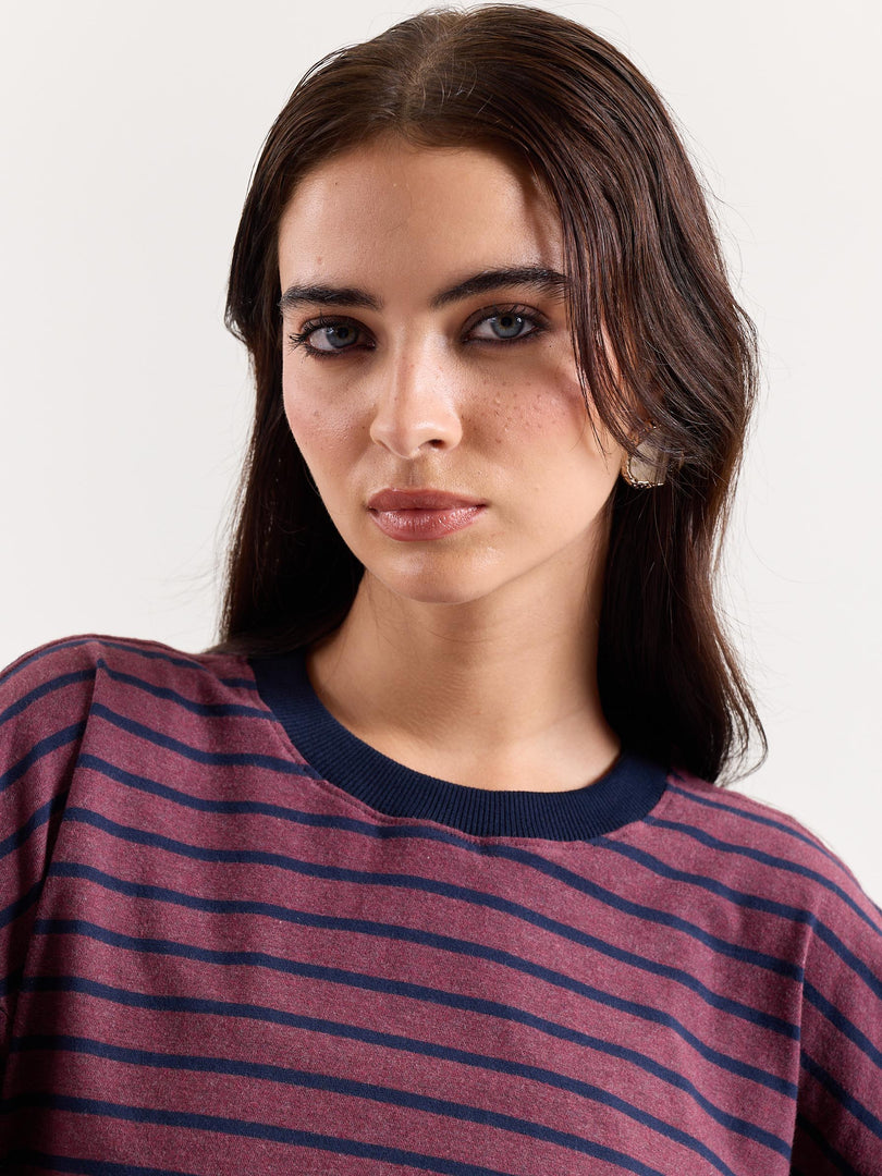 Plum & Navy Chambray Striped Loose Fit Cropped T-Shirt