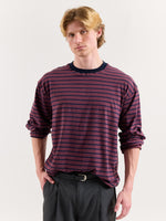 Load image into Gallery viewer, Plum &amp; Navy Chambray Striped Loose Fit Cropped T-Shirt