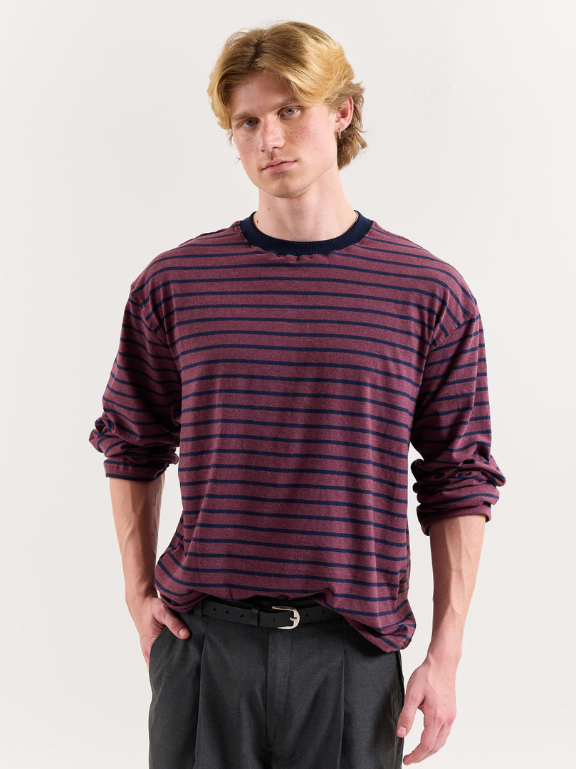 Plum & Navy Chambray Striped Loose Fit Cropped T-Shirt