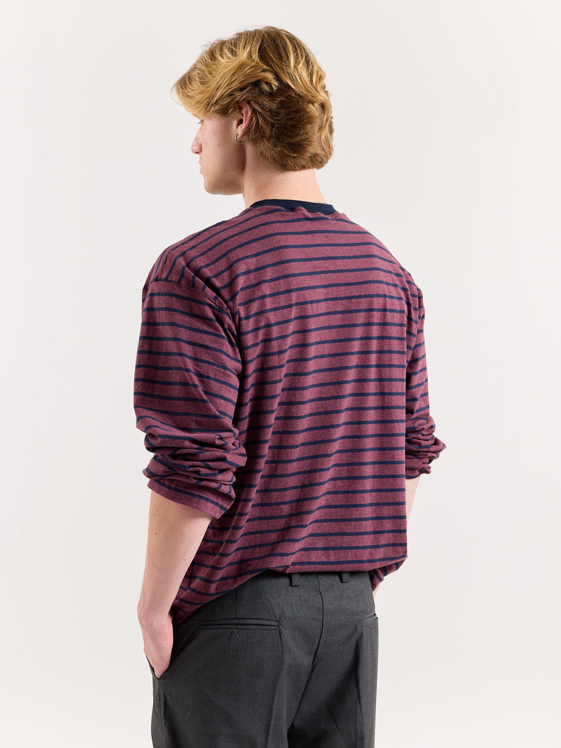 Plum & Navy Chambray Striped Loose Fit Cropped T-Shirt