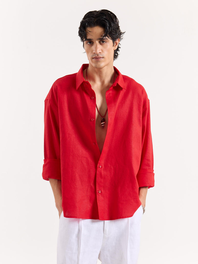 Red Linen Cropped Shirt