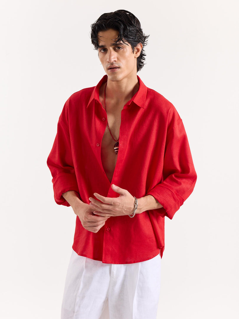 Red Linen Cropped Shirt