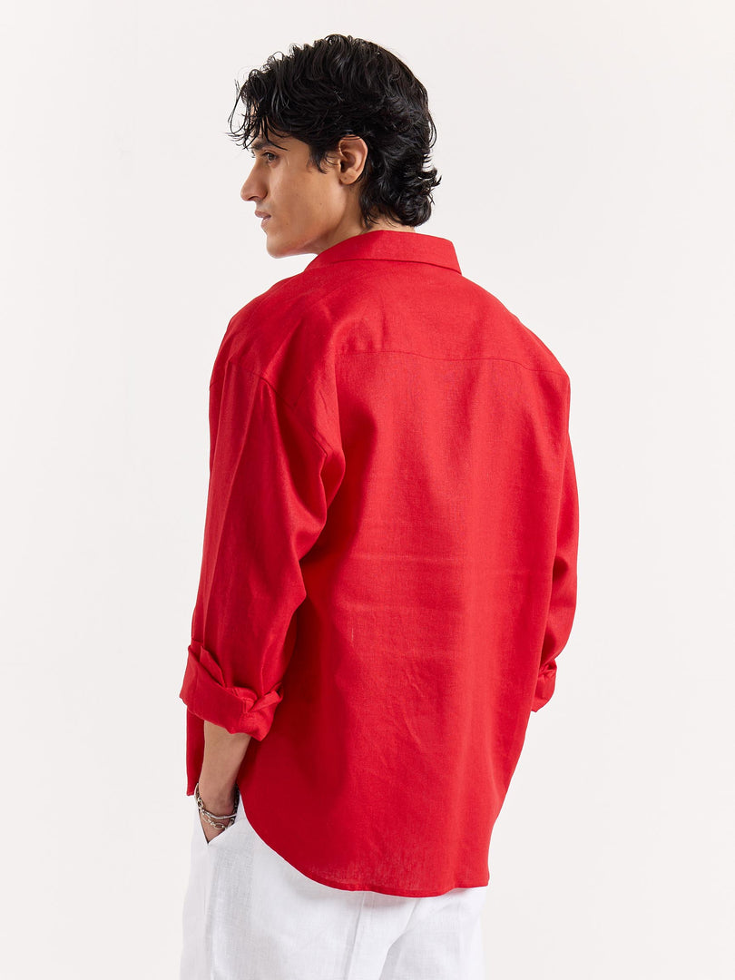 Red Linen Cropped Shirt