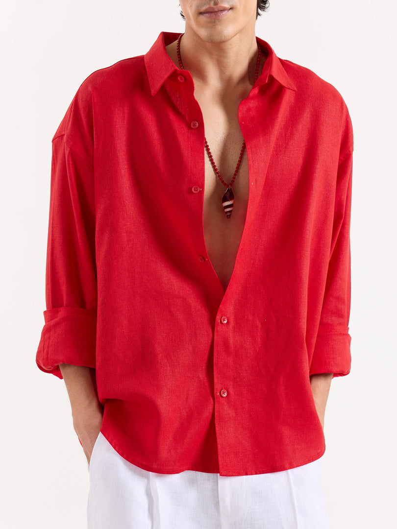 Red Linen Cropped Shirt