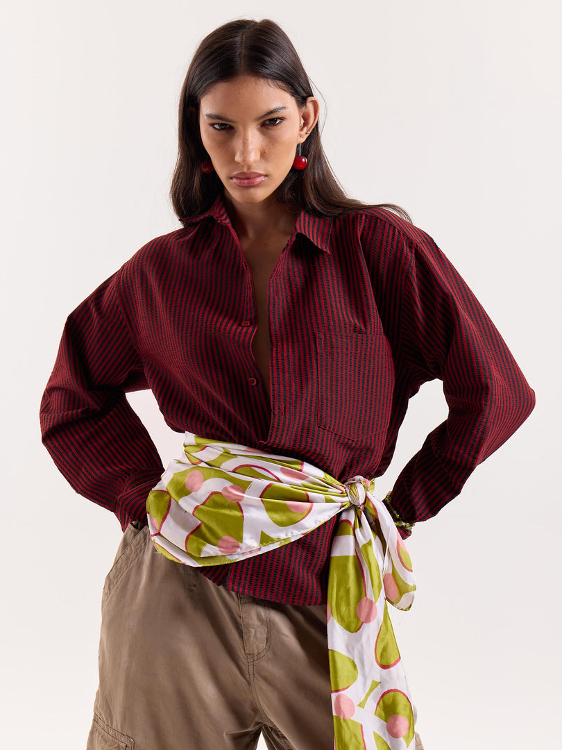 Red & Black Striped Seersucker Cropped Shirt