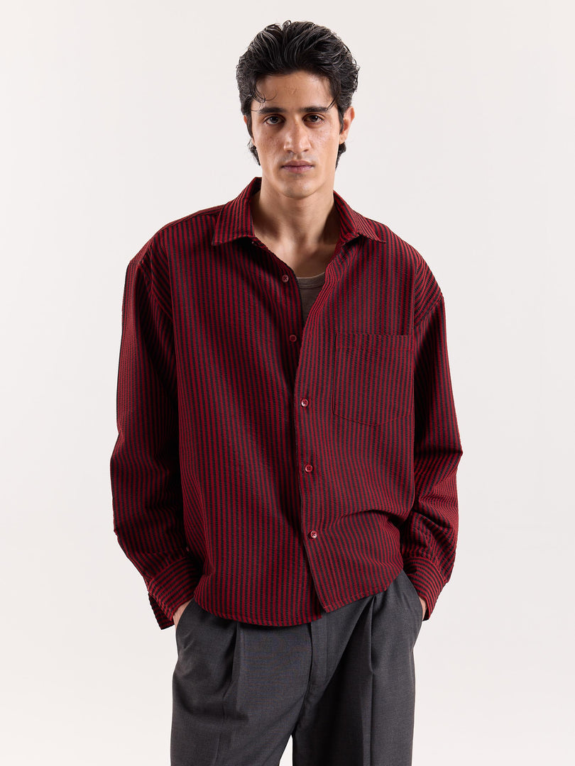 Red & Black Striped Seersucker Cropped Shirt