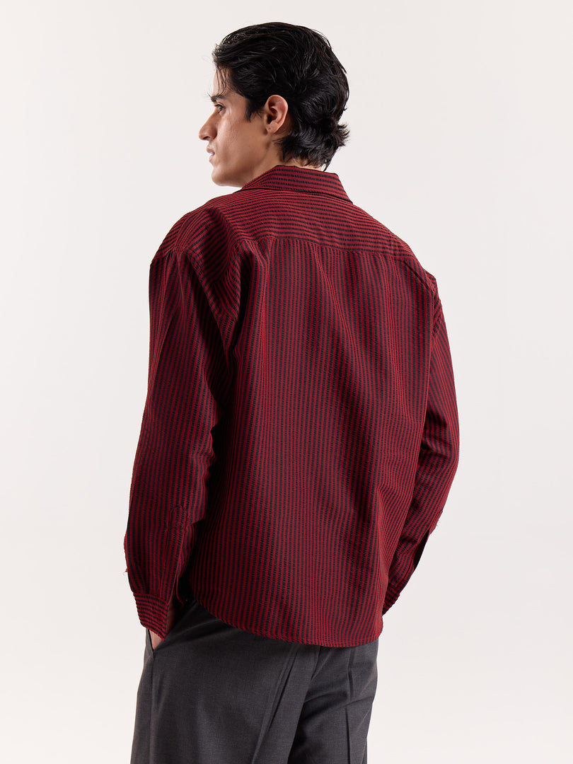 Red & Black Striped Seersucker Cropped Shirt