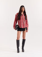 Load image into Gallery viewer, Red &amp; White Checkered Seersucker Cropped Shirt