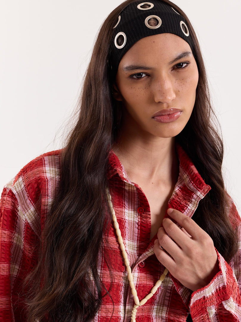 Red & White Checkered Seersucker Cropped Shirt