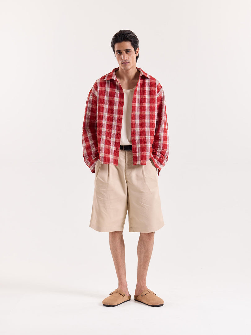 Red & White Checkered Seersucker Cropped Shirt