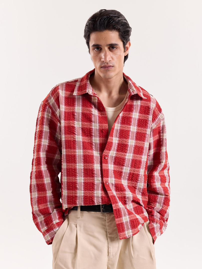 Red & White Checkered Seersucker Cropped Shirt