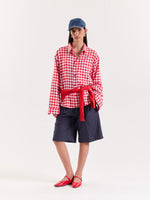 Load image into Gallery viewer, Red &amp; White Checks Linen Cropped Shirt