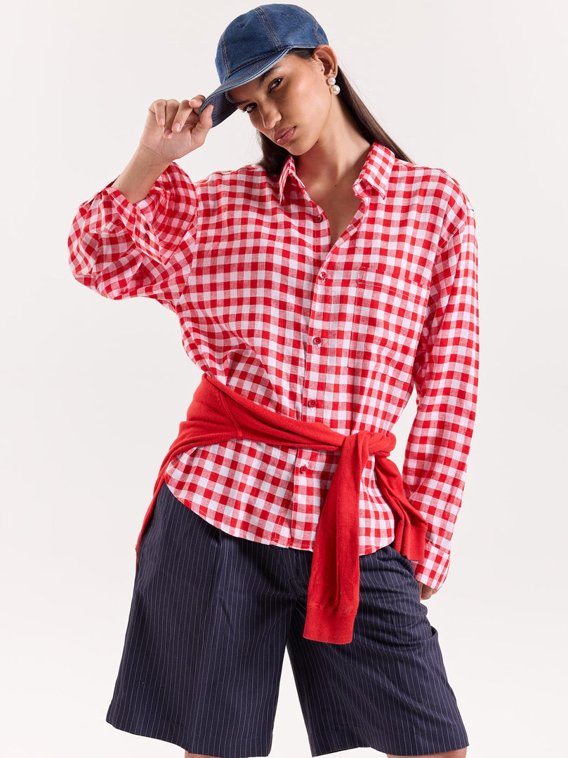 Red & White Checks Linen Cropped Shirt