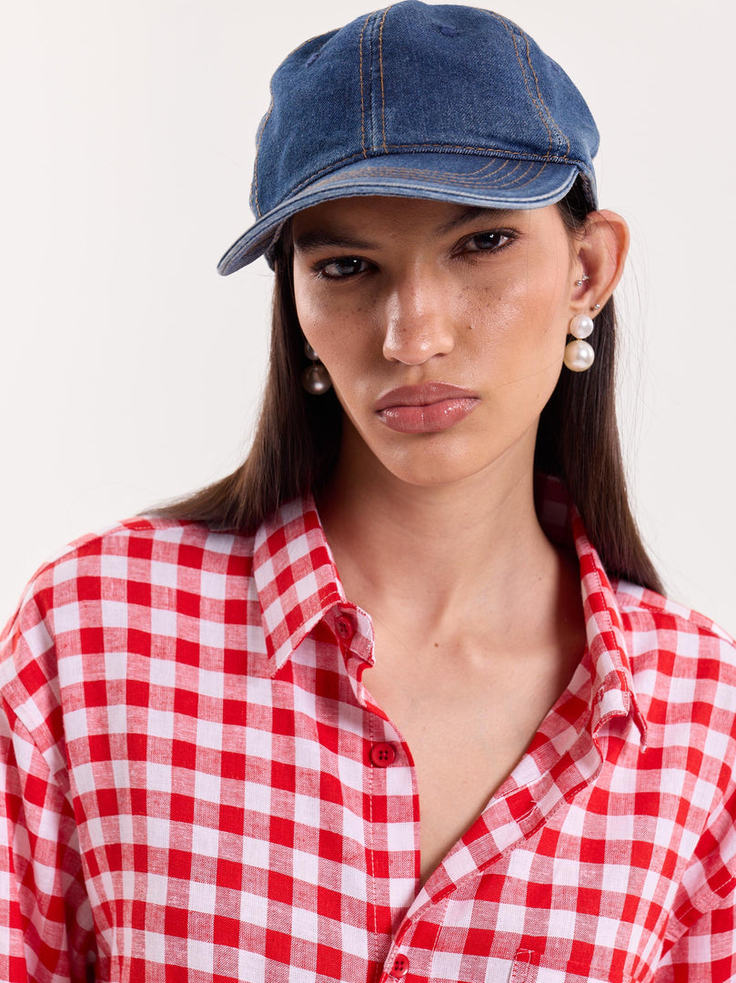 Red & White Checks Linen Cropped Shirt