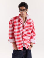 Load image into Gallery viewer, Red &amp; White Checks Linen Cropped Shirt