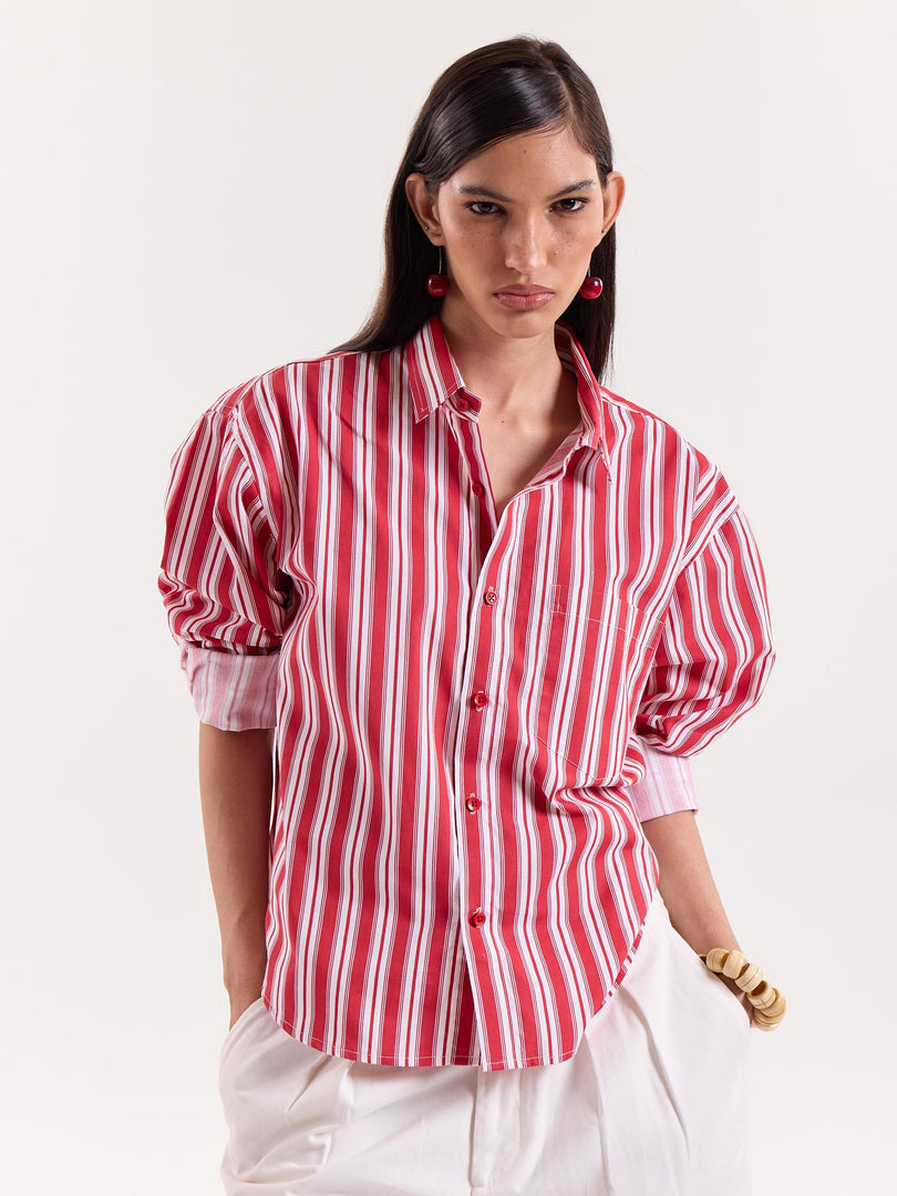 Red & White Striped Cropped Shirt