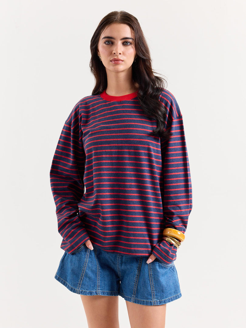 Red & Navy Chambray Striped Loose Fit Cropped T-Shirt