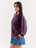 Load image into Gallery viewer, Red &amp; Navy Chambray Striped Loose Fit Cropped T-Shirt