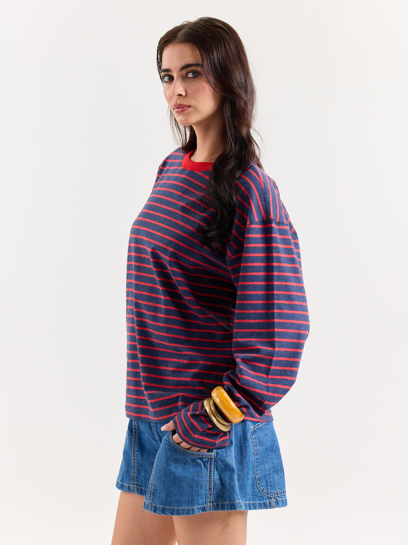 Red & Navy Chambray Striped Loose Fit Cropped T-Shirt